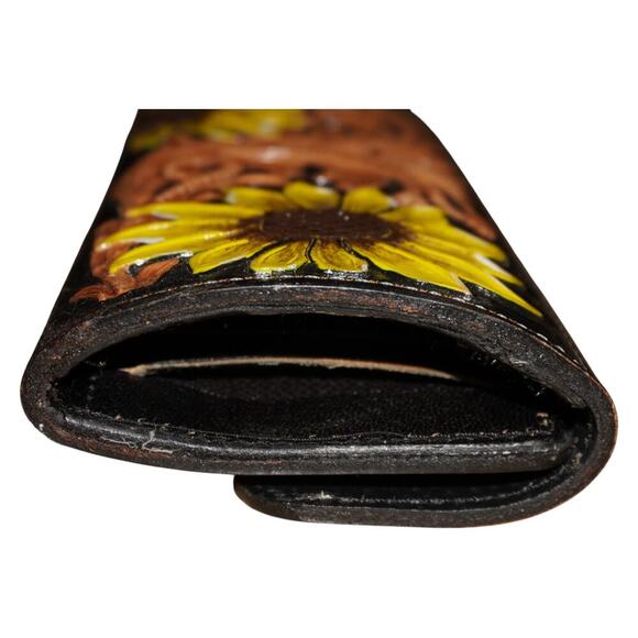 Hand Tooled Leather Sunflower Wallet Wristlet Black Brown Floral Western Boho - Picture 12 of 14